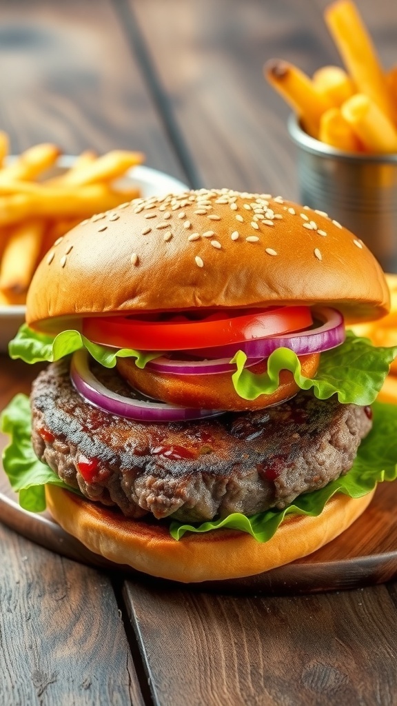 A Turkish hamburger with beef patty, lettuce, tomato, onion in a sesame seed bun, served with fries.